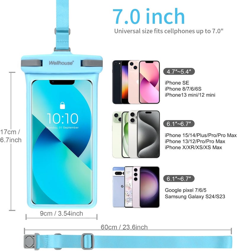 Wellhouse Waterproof Phone Pouch, Waterproof Phone Case for iPhone 16 15 14 13 12 Pro Max XS Samsung, IPX8 3D Cellphone Dry Bag Beach Essentials (1 Pack - Light Blue7.0, 7 inch) - Image 5